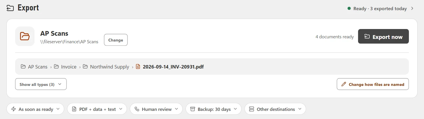 CapturePoint 6 export settings: documents filed into folders by type and vendor, each file named by date and invoice number