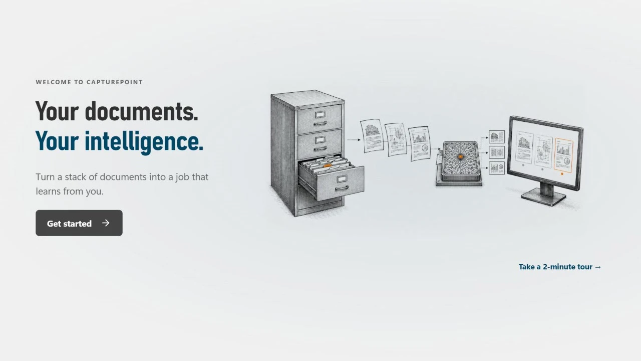 The CapturePoint welcome: "Your documents. Your intelligence.", a Get started button and a Take a 2-minute tour link
