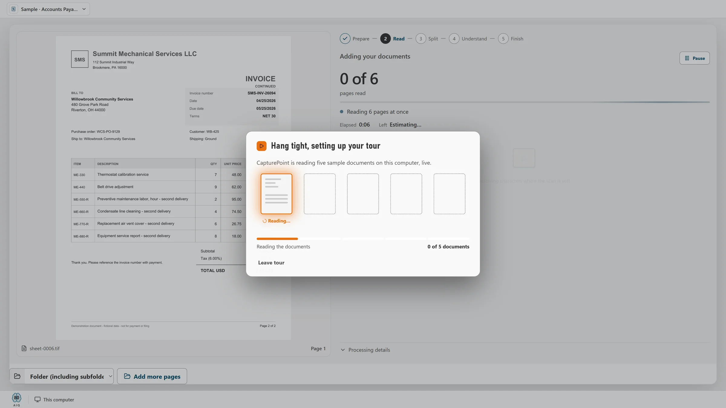 The 2-minute tour setting itself up by reading five sample documents live on this computer