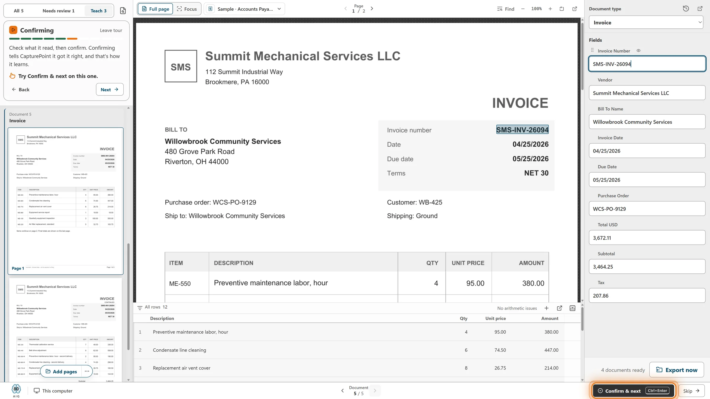 Clicking a value lights it up on the page; Confirm & next teaches CapturePoint it got it right