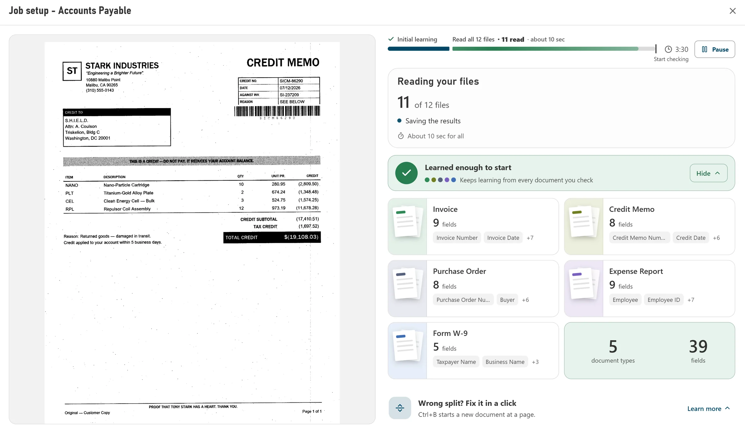 What job setup learned: 5 document types and 39 fields, worked out from 12 files