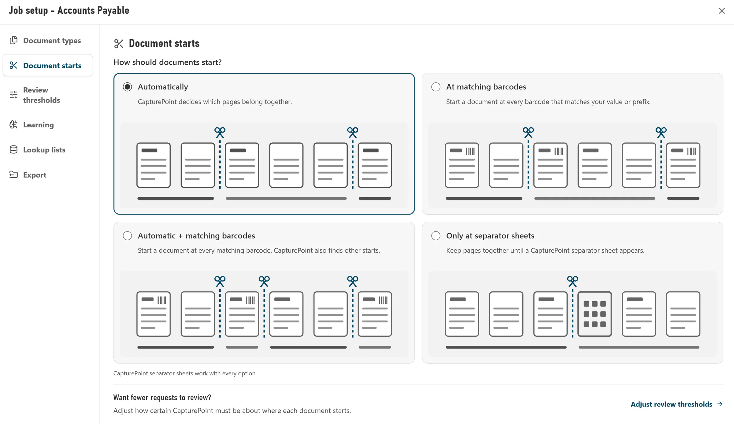 Where documents start: automatically, at matching barcodes, or at separator sheets