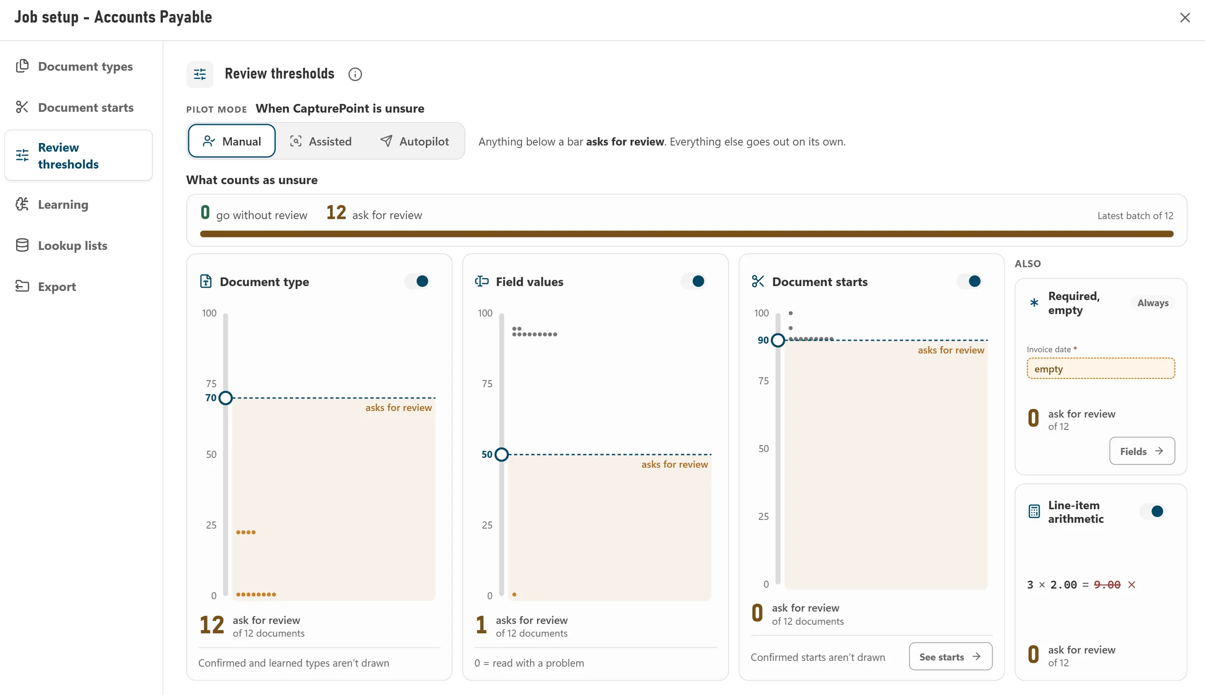 Review thresholds: how sure CapturePoint must be before a document skips review, with Manual, Assisted and Autopilot