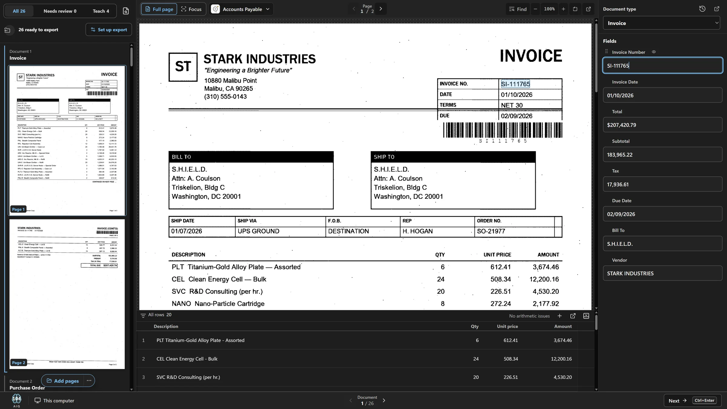 The review workspace in dark mode: the page, its fields and its line items side by side