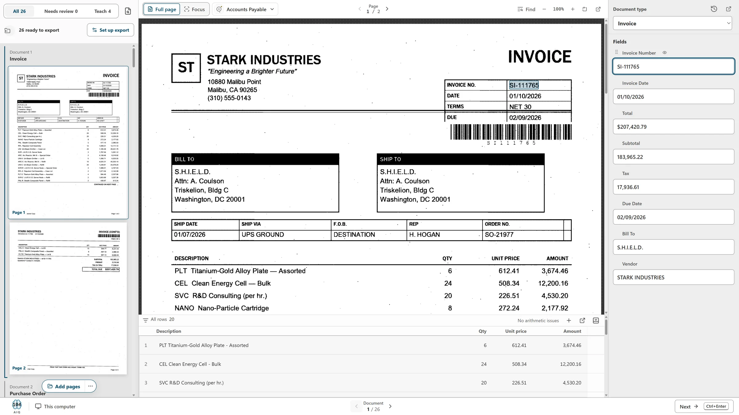 The review workspace on a ready invoice: the page, its fields and its line items side by side