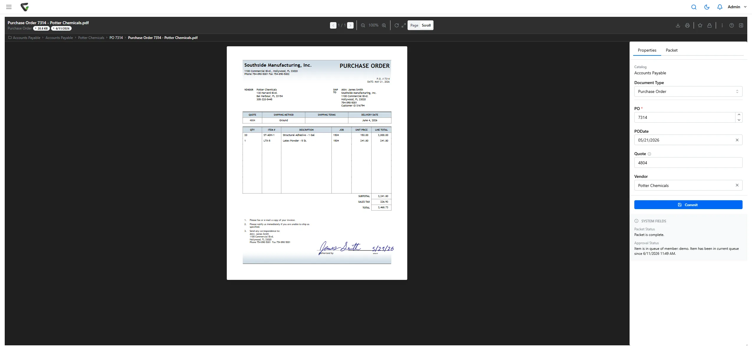 A document open in the Content Central viewer with its index fields