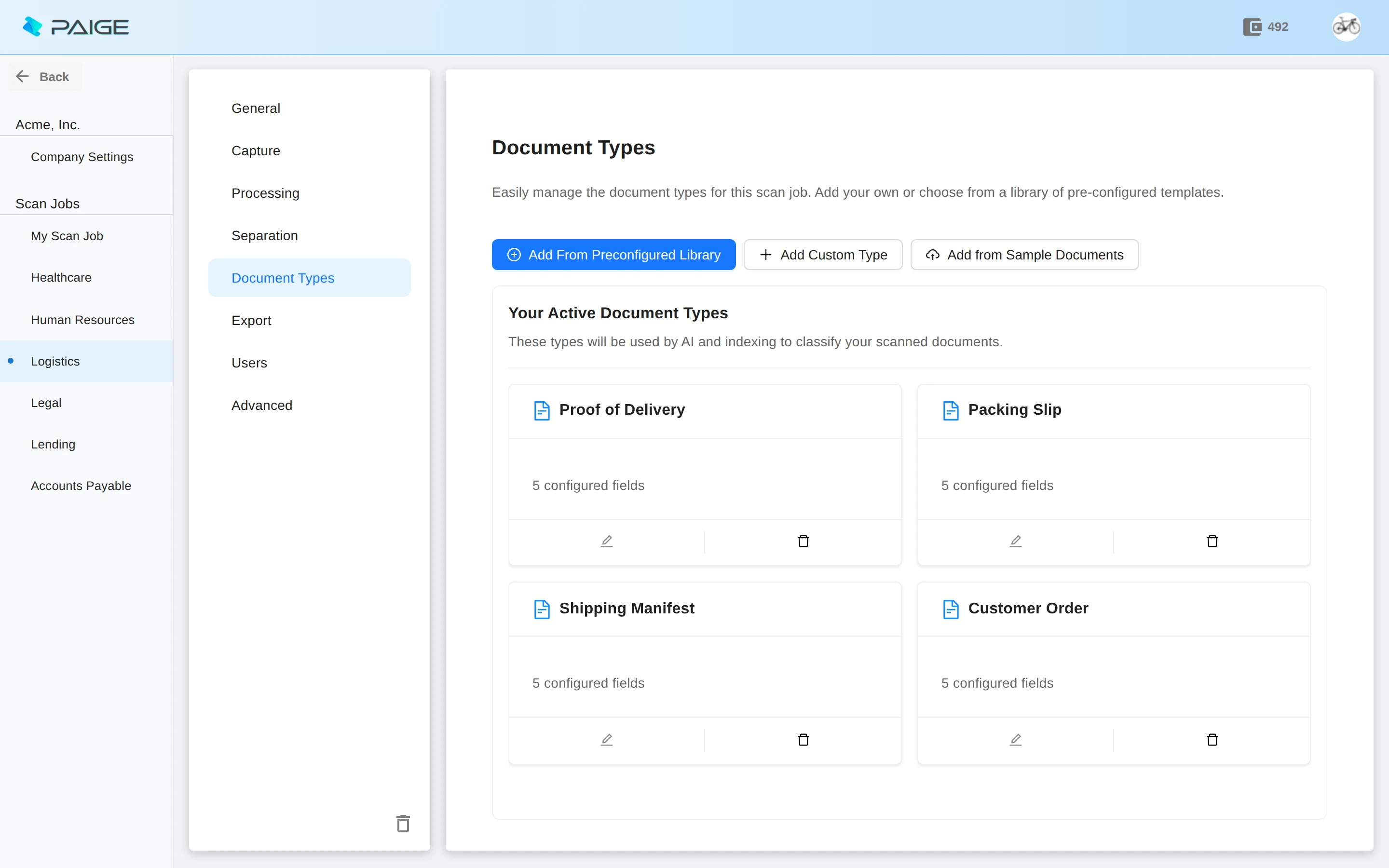 Paige - Document Types setup for the Logistics & Supply Chain scan job
