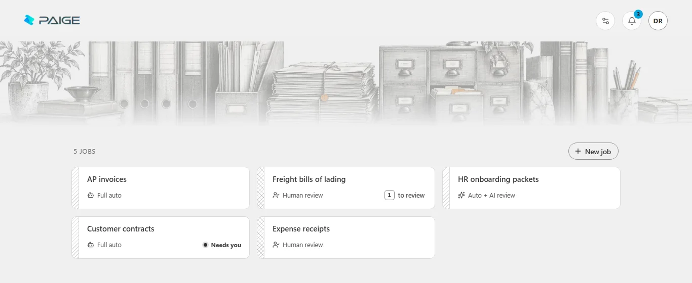 Paige jobs screen with five jobs: AP invoices and Customer contracts on Full auto, Freight bills of lading and Expense receipts on Human review with one document to review, and HR onboarding packets on Auto plus AI review